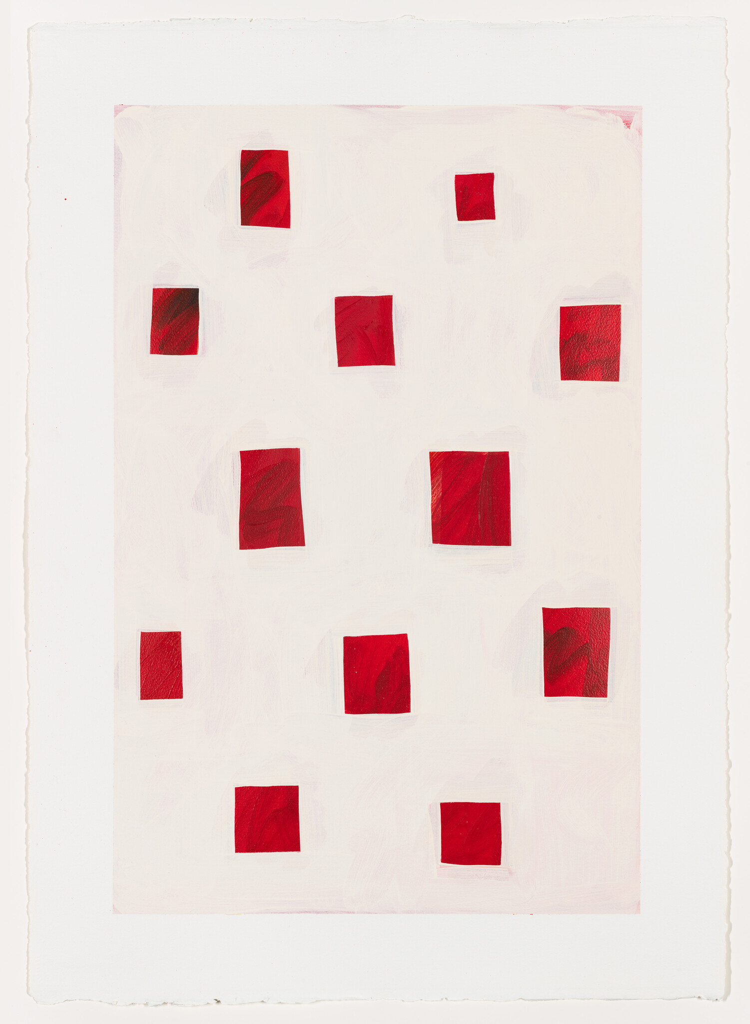 A modern abstract painting featuring an array of red squares with visible brush strokes on a white canvas with a textured, uneven edge.