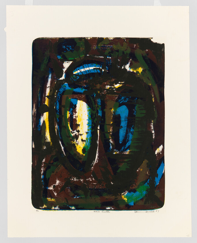 Abstract painting with dark rounded shapes and bright blue and yellow accents on white background.