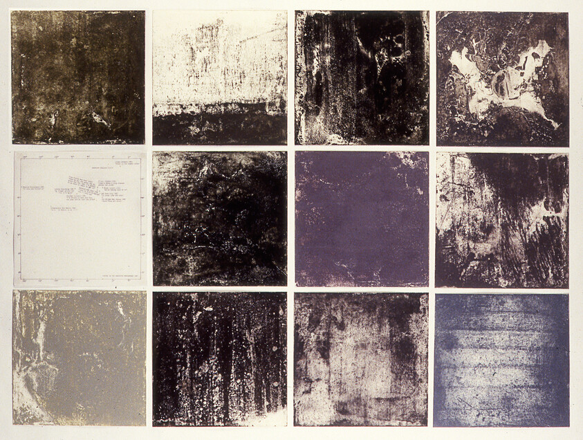 Twelve square panels arranged in a grid showing worn abstract textures and one panel with small printed text.