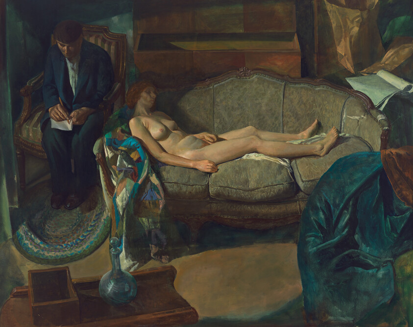 A nude woman reclines on a sofa while a seated artist sketches her using paper.
