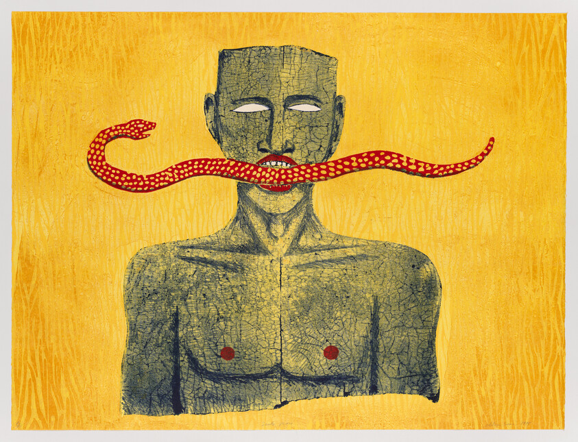 A cracked stone bust with blank eyes holds a long red spotted snake through its mouth.