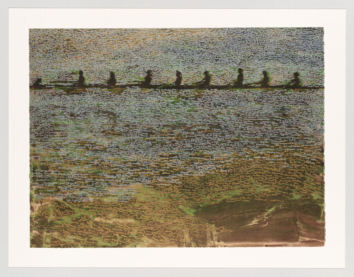 A team of rowers paddles together in a long shell across textured water.