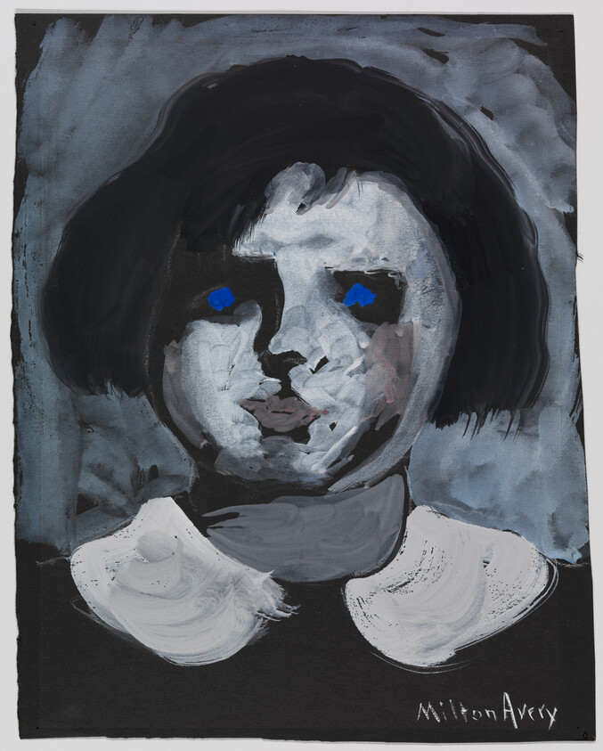A painted portrait of a child with a dark bob haircut, bright blue eyes, and a white collar.