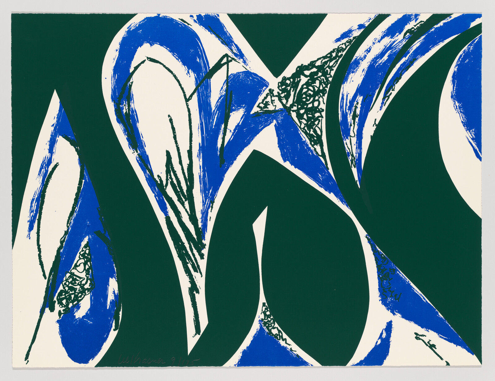 A vibrant abstract print featuring bold blue brushstrokes and shapes against a dark green background, with some areas showing intricate line textures. The artwork has a dynamic and fluid feel, with the blue elements standing out prominently. There is a signature in the bottom left corner.