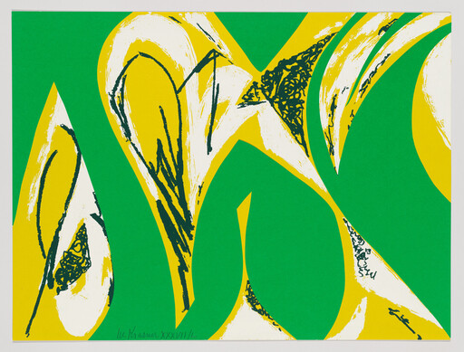 Large abstract green and yellow curved shapes with white and black brushstroke details.
