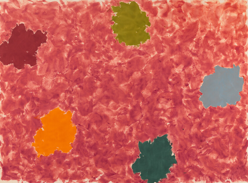 A red textured abstract painting with five irregular colored patches in orange, green, teal, maroon, and gray.