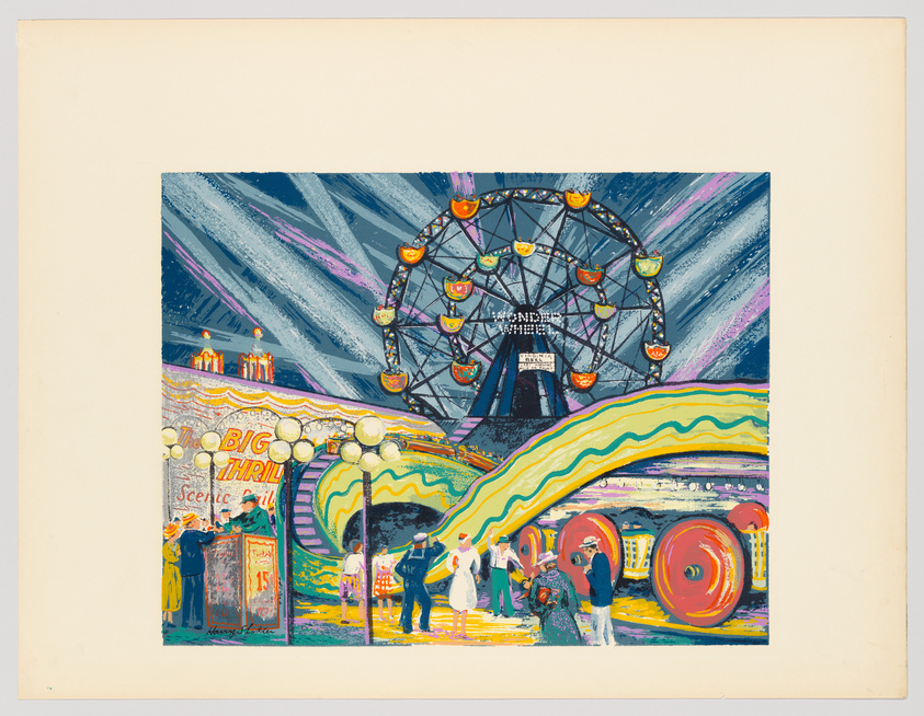 A vibrant, colorful illustration of a bustling amusement park scene featuring a Ferris wheel with bright orange gondolas, a ticket booth advertising "The BIG THRILL Scenic Rail" for 15 cents, and various park-goers in front of whimsical attractions under a dynamic, streaked sky.