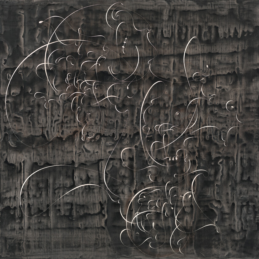 An abstract artwork featuring white curvilinear lines and swirls that create a sense of movement against a dark, textured background that resembles burnt wood or a charred surface. The lines vary in thickness and intensity, suggesting a spontaneous and fluid creation process.