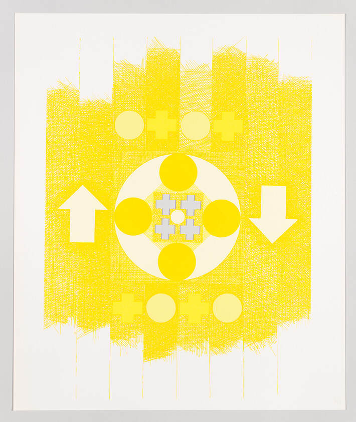 Yellow graphic with central circle, four surrounding dots, plus signs and up and down arrows.