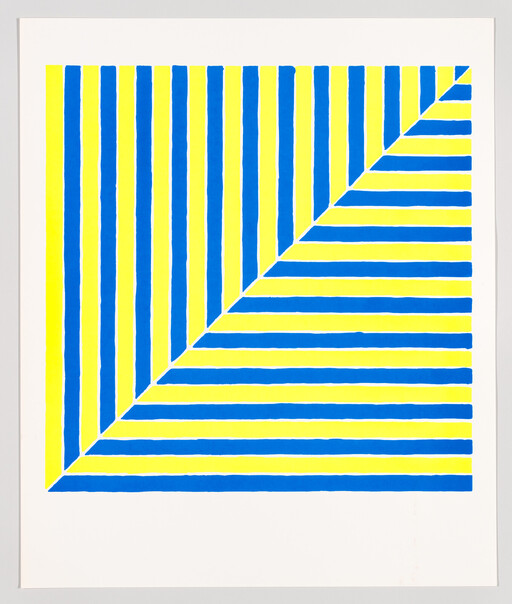 Square artwork with alternating blue and yellow stripes divided diagonally into vertical and horizontal bands.
