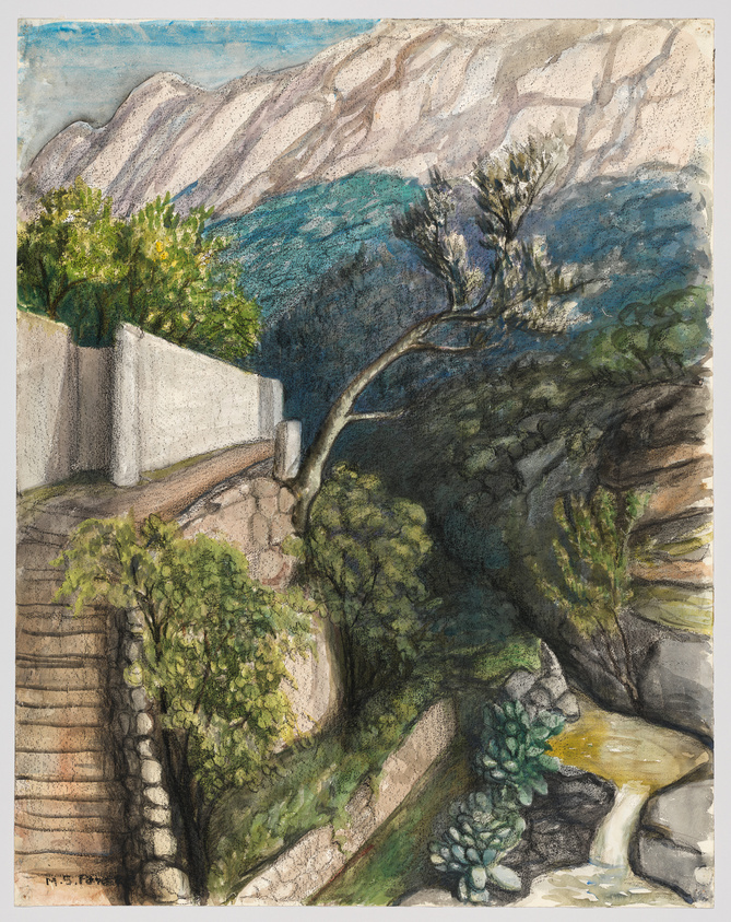 A picturesque watercolor painting depicting a coastal landscape with a stone staircase leading down to a cove. Lush greenery surrounds the area, and a large tree leans over a white balustrade. In the background, rugged mountains meet the clear blue sky, and the sea is visible between the foliage. The artist's signature is in the lower left corner.