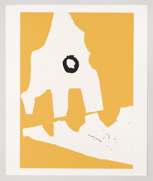 Large white torn shape with a black circular mark against a yellow background.