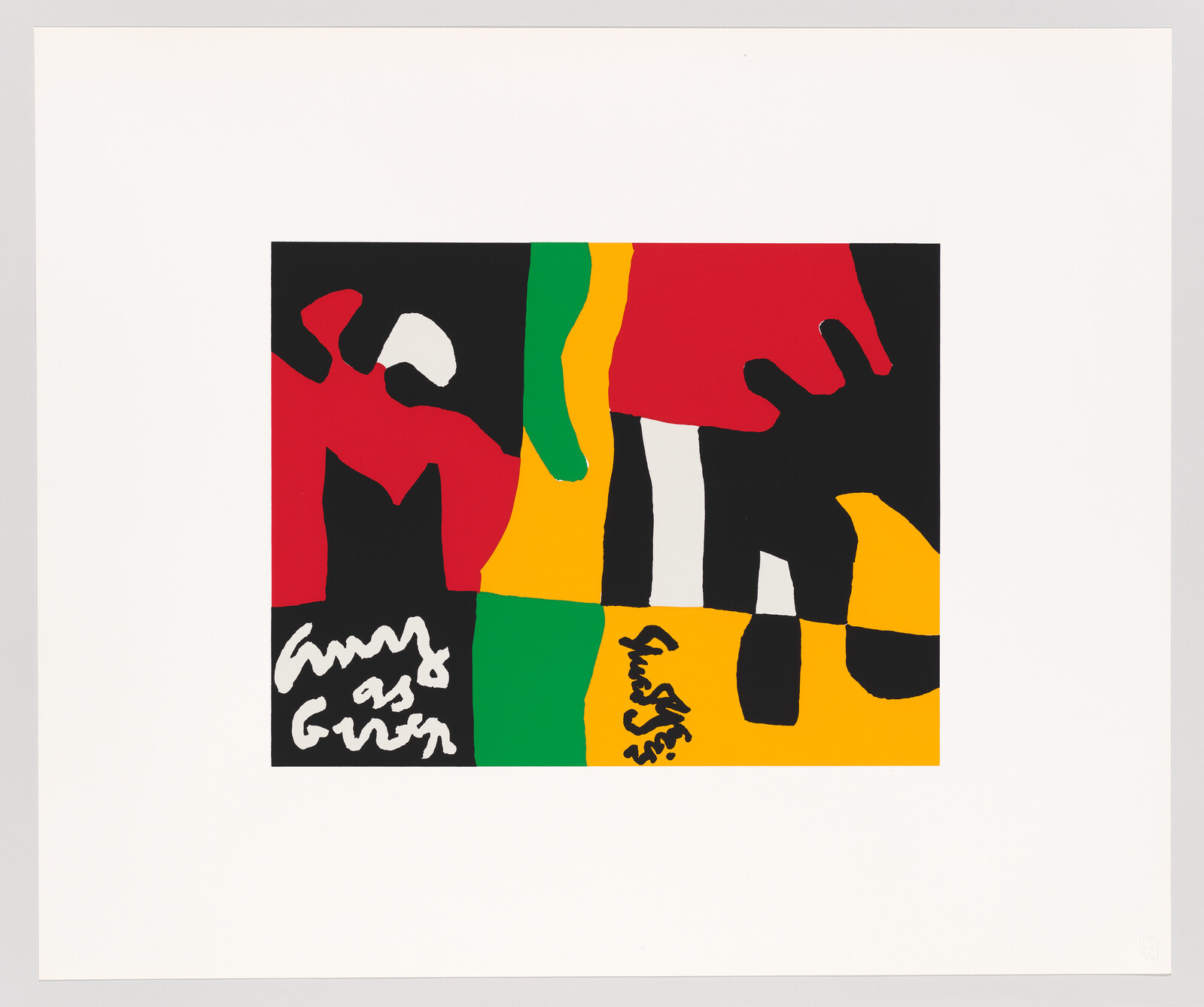 A modern art print featuring bold, abstract shapes in black, red, green, and yellow, with white spaces creating contrast. The composition is reminiscent of a fragmented figure or a collection of symbols, with two signatures or inscriptions in the lower left and right corners. The artwork is centered on a white background.