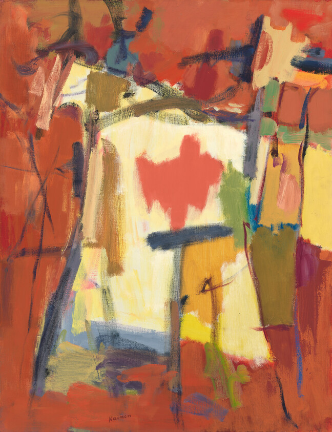 Abstract painting with warm orange background and a central pale panel showing a red heart-like shape.
