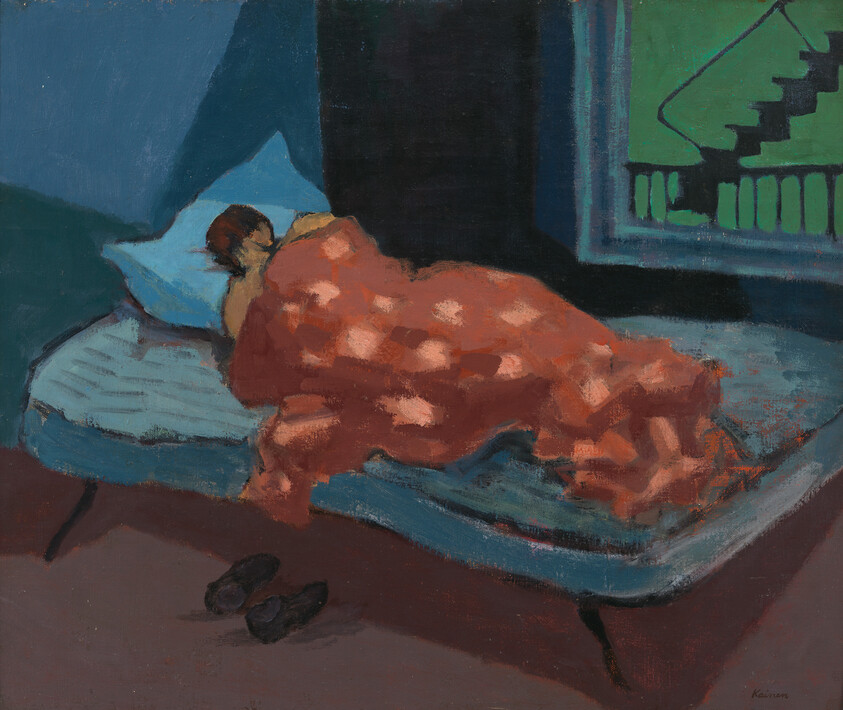 Oil painting depicting a person sleeping on a bed with a red and orange checkered blanket. The room has a dark blue wall, and a window showing a green tree outside. A pair of shoes is placed on the floor beside the bed. The painting style is expressive with visible brushstrokes.