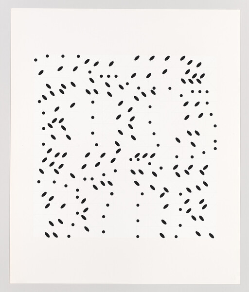 White paper shows a grid of small black oval and round marks arranged in repeating abstract patterns.