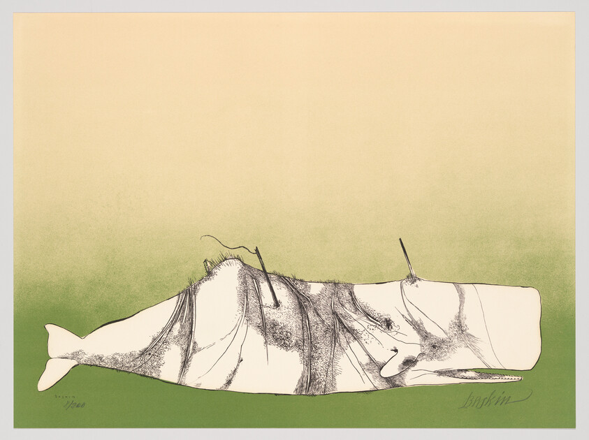 A stylized print of a fish lying on its side, with a predominantly white body featuring black line details, against a two-tone background that transitions from a light yellow at the top to a green at the bottom. The artist's signature is visible in the lower right corner.