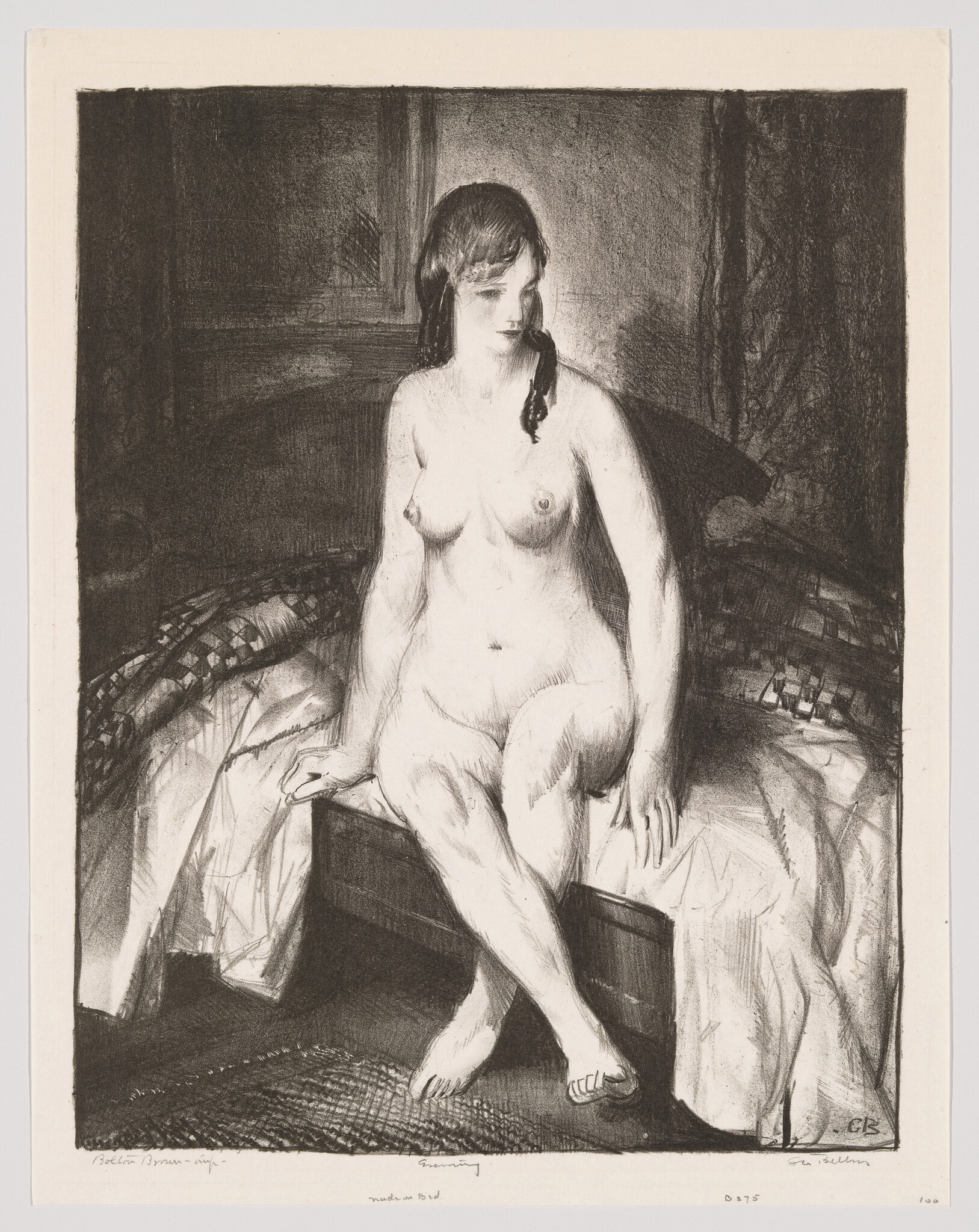 A nude woman sits on the edge of a bed, looking down with hands resting beside her.