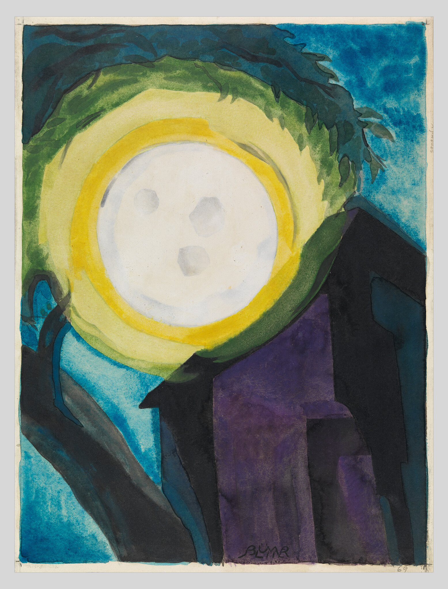 A bright full moon with a yellow halo shines above dark buildings and trees.