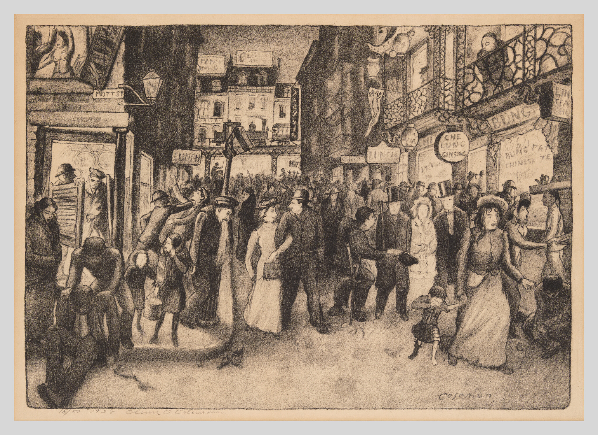 A crowded city street filled with people walking, talking, and children tugging at adults' hands.