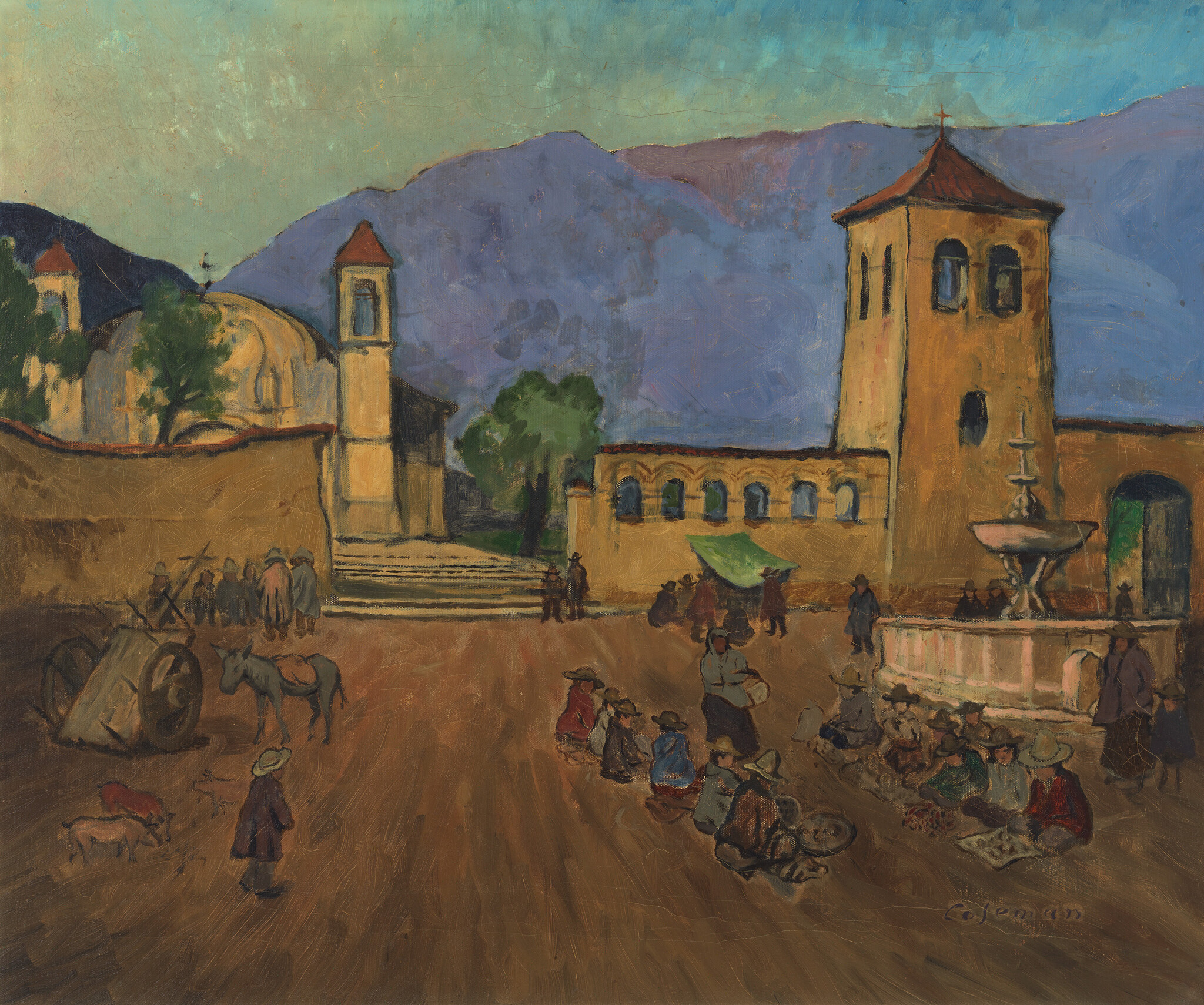 Town square market with vendors seated near a fountain and church tower against mountain backdrop.