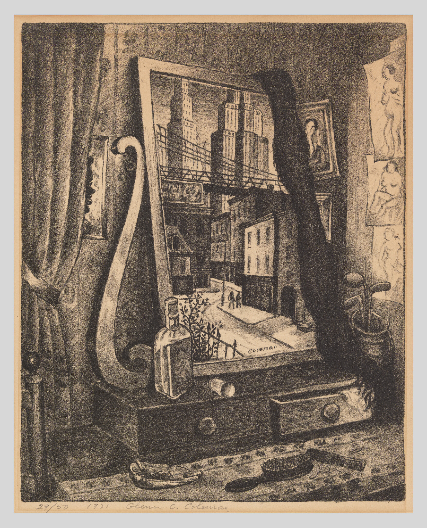 A dressing-table mirror reflects a city street scene while bottles and brushes sit nearby.