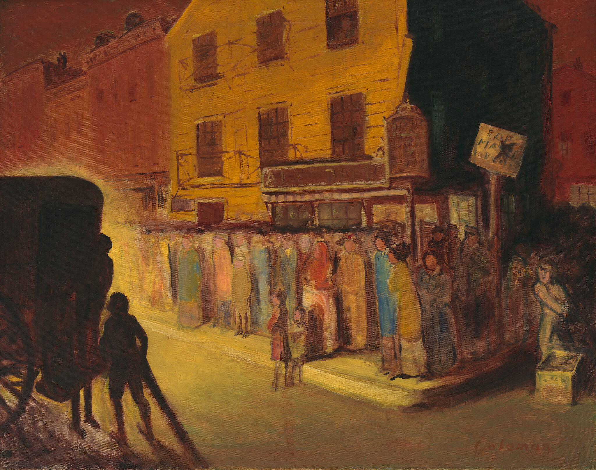 A crowd of people gathers on a dimly lit street corner as a carriage arrives.