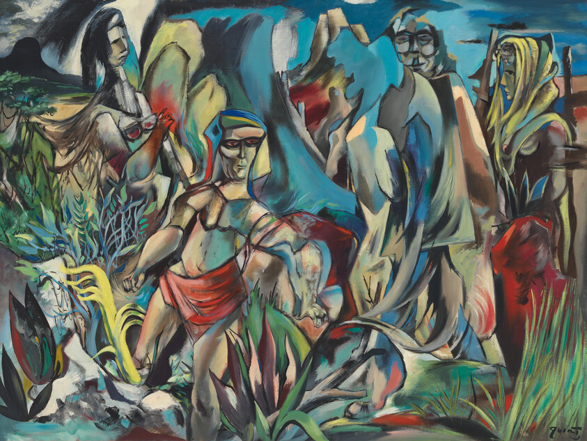 A vibrant and colorful abstract painting featuring a central muscular figure in a red loincloth, surrounded by several other figures with exaggerated and stylized features. The background is a mix of organic and geometric shapes, with elements that suggest a natural landscape. The brushwork is dynamic, with a sense of movement and energy throughout the composition.