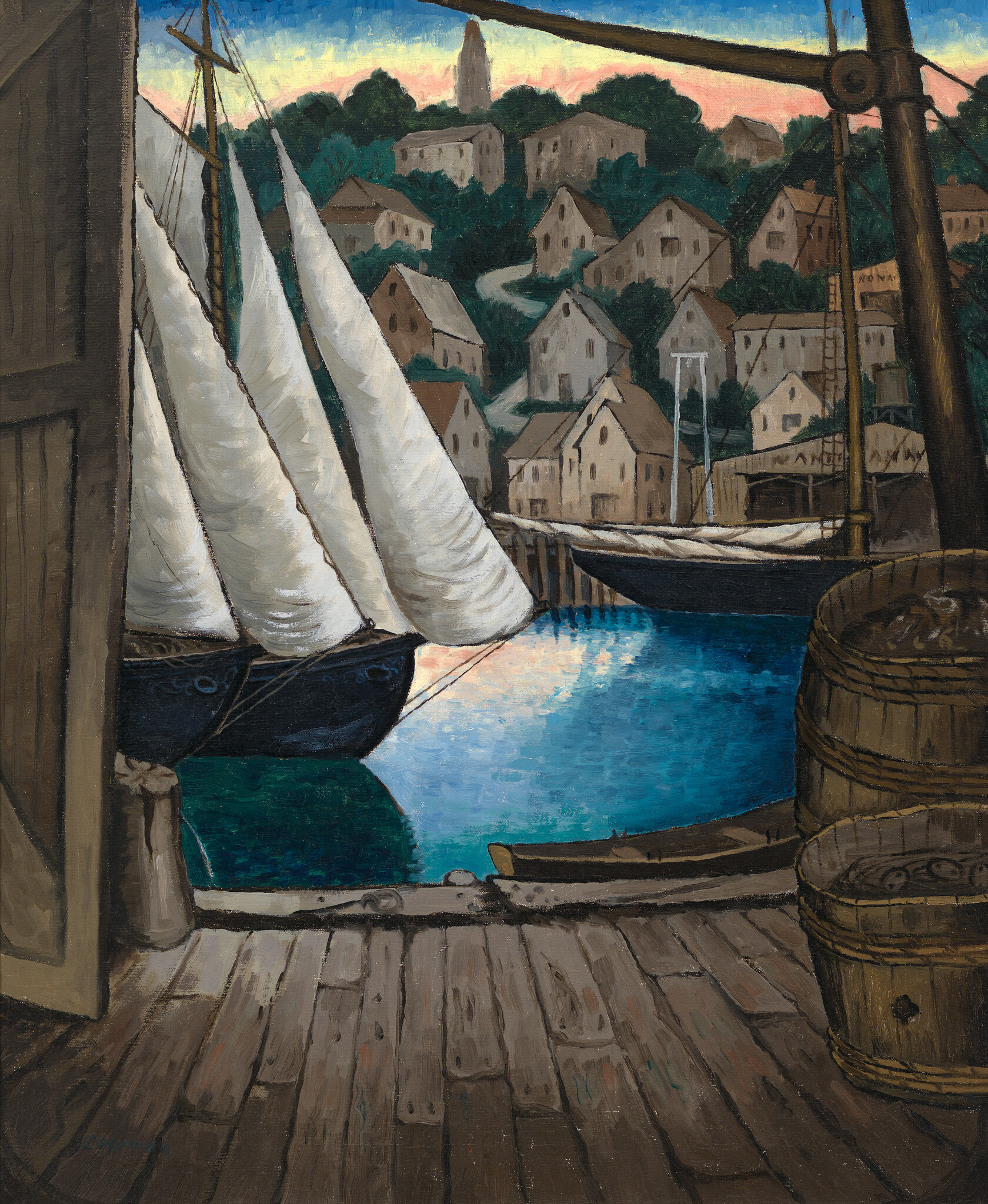 Three white-sailed boats moored at a sunlit harbor beside a wooden dock and barrels.