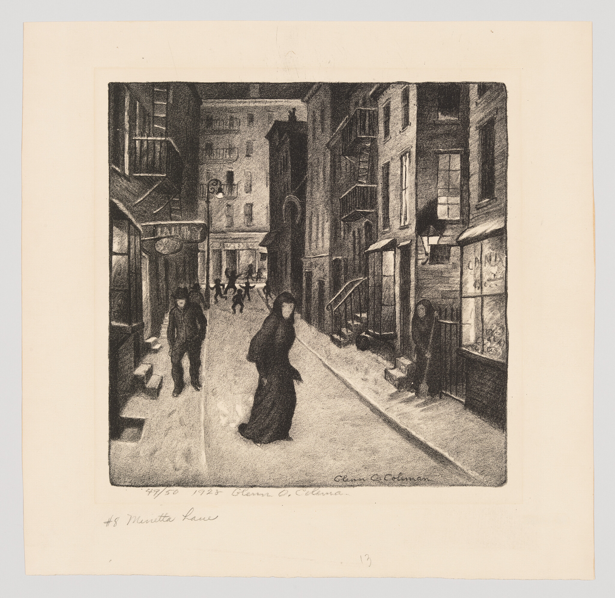 A woman in a dark coat walks down a narrow city street with other pedestrians.