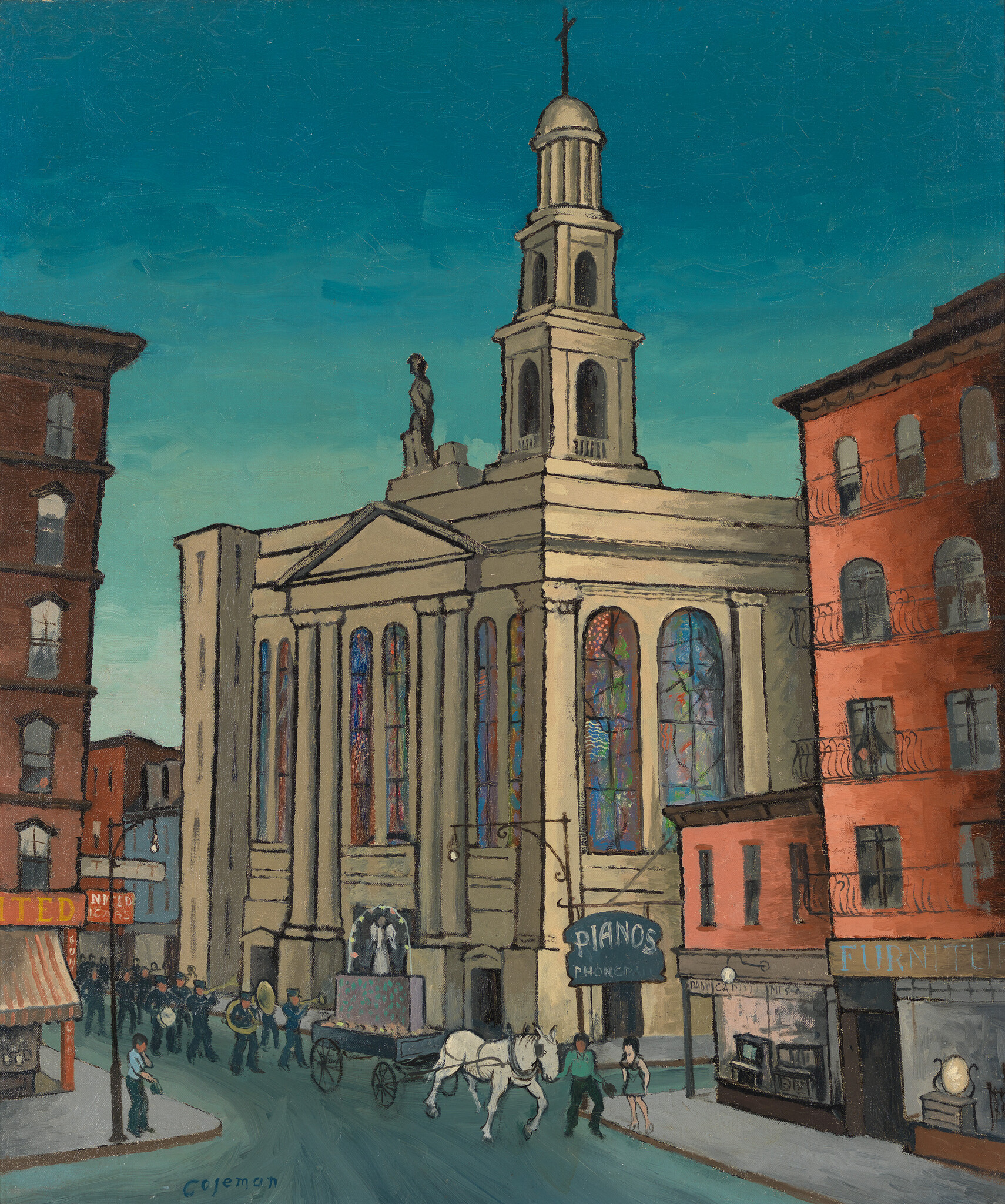 A church with tall steeple overlooks a street parade with a horse-drawn cart and musicians.