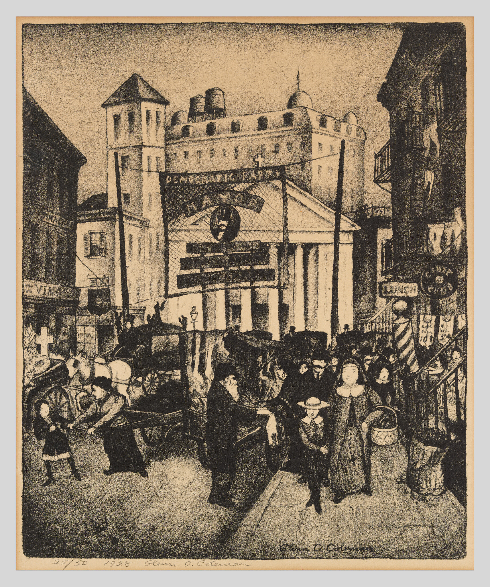 Crowded urban street scene with people and horse-drawn carts in front of a Democratic Party building.
