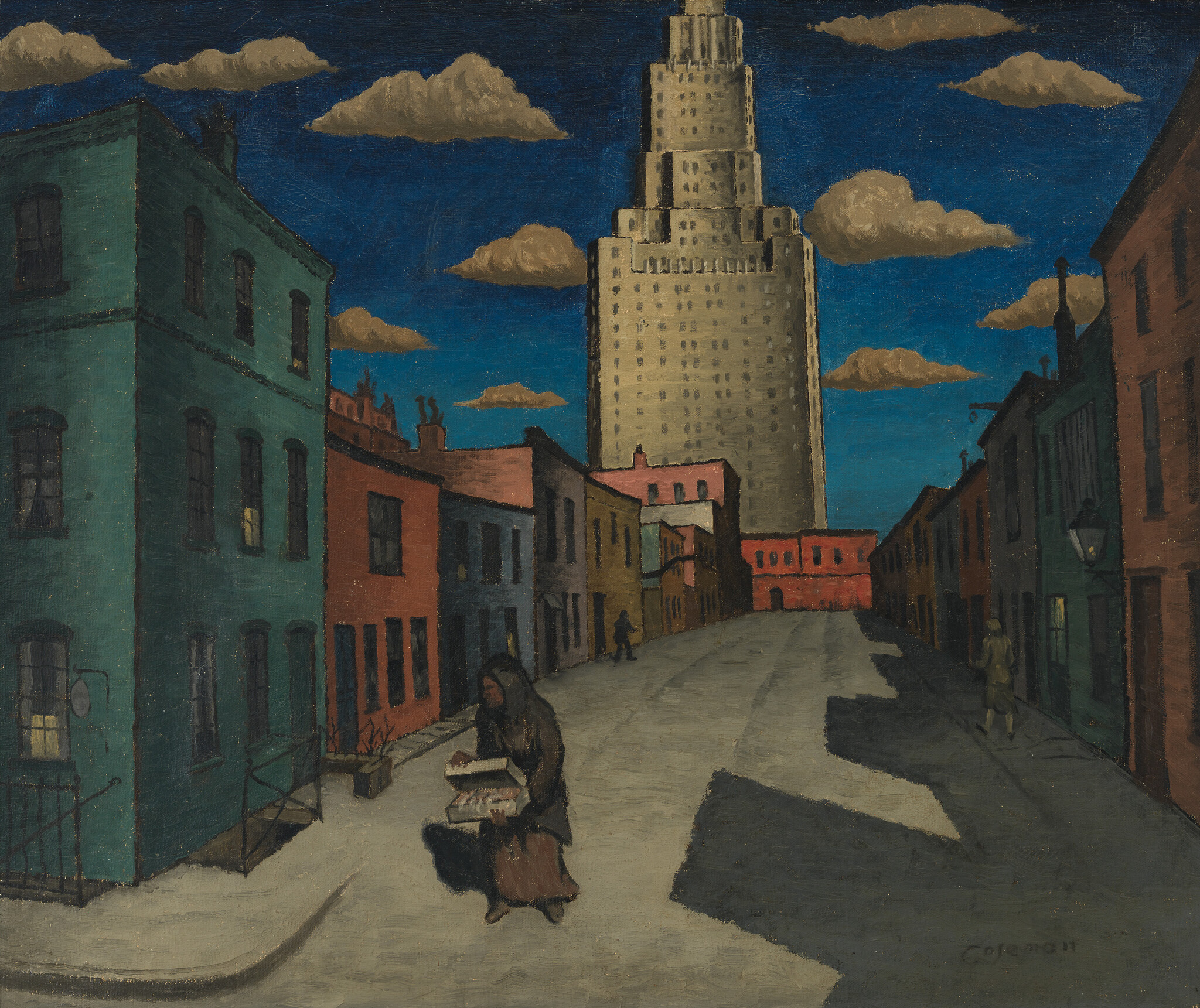 A lone woman carries boxes down a quiet city street with a towering skyscraper behind her.