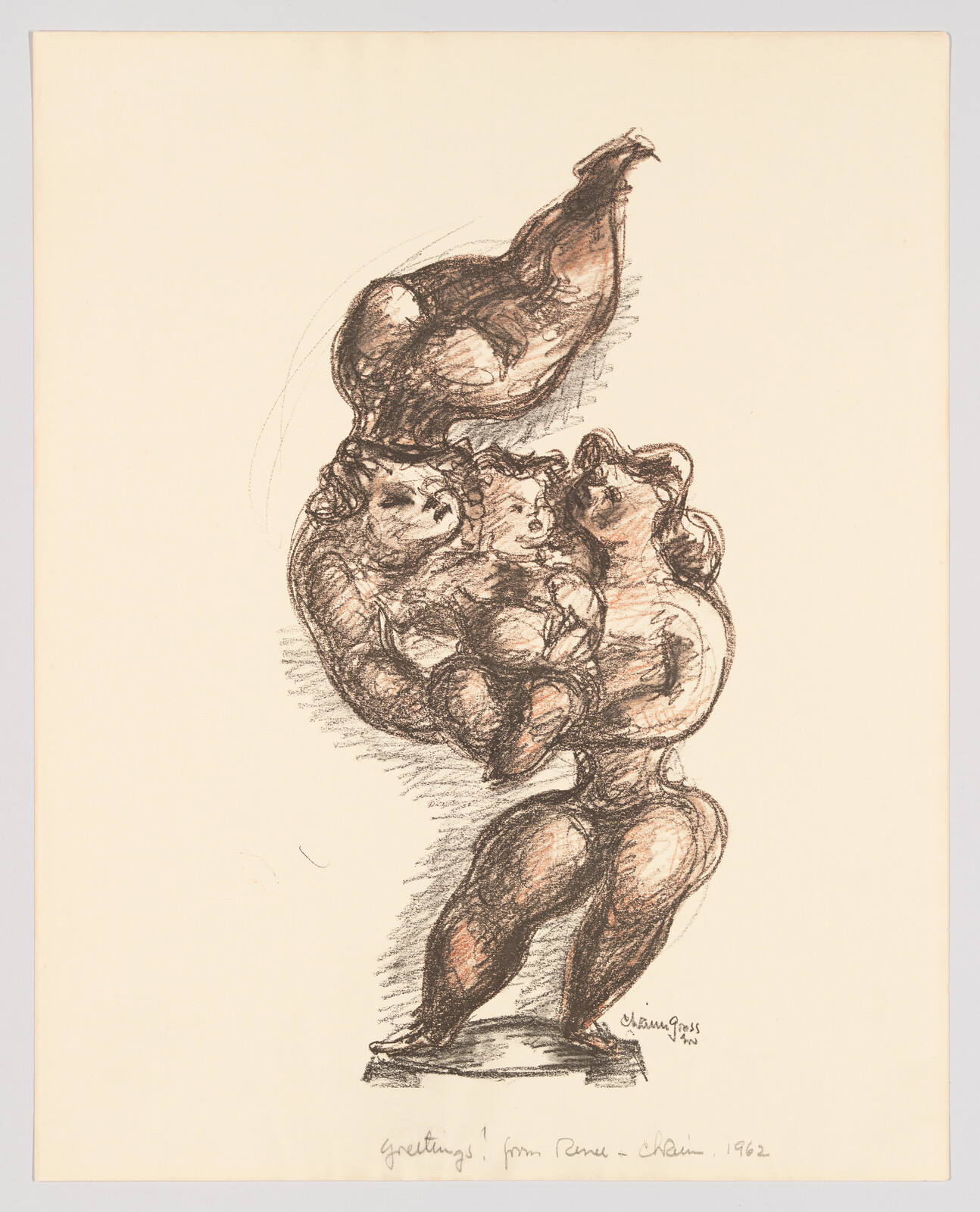 A muscular stylized woman balances three small children while holding a large bird above her head.