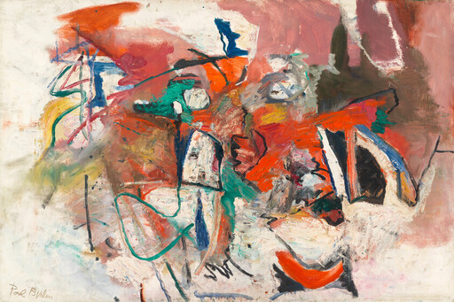 Abstract painting with bold red, orange, and green brushstrokes and energetic black lines across a pale background.