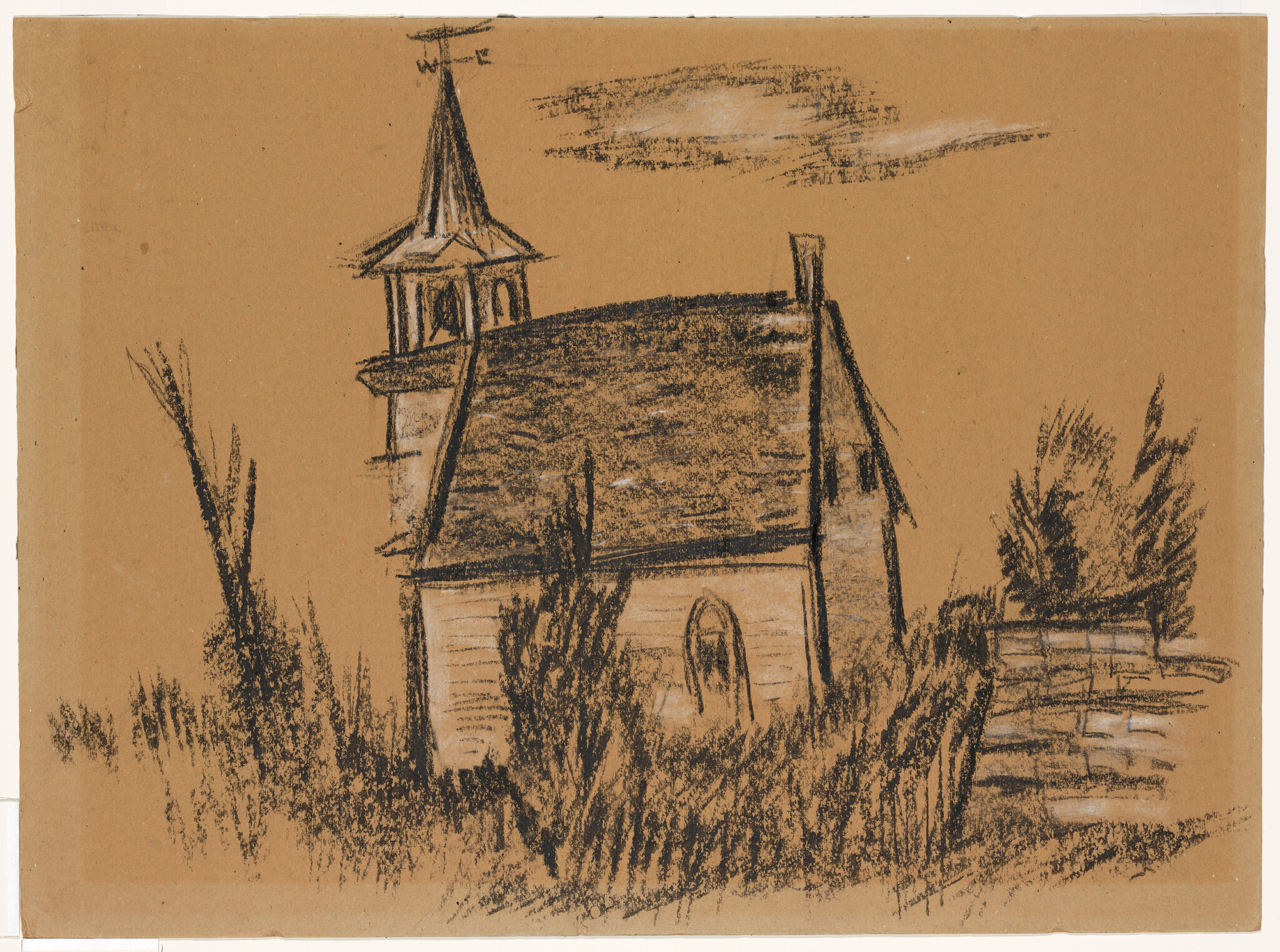 A charcoal sketch of a small church with a steeple surrounded by tall bushes.