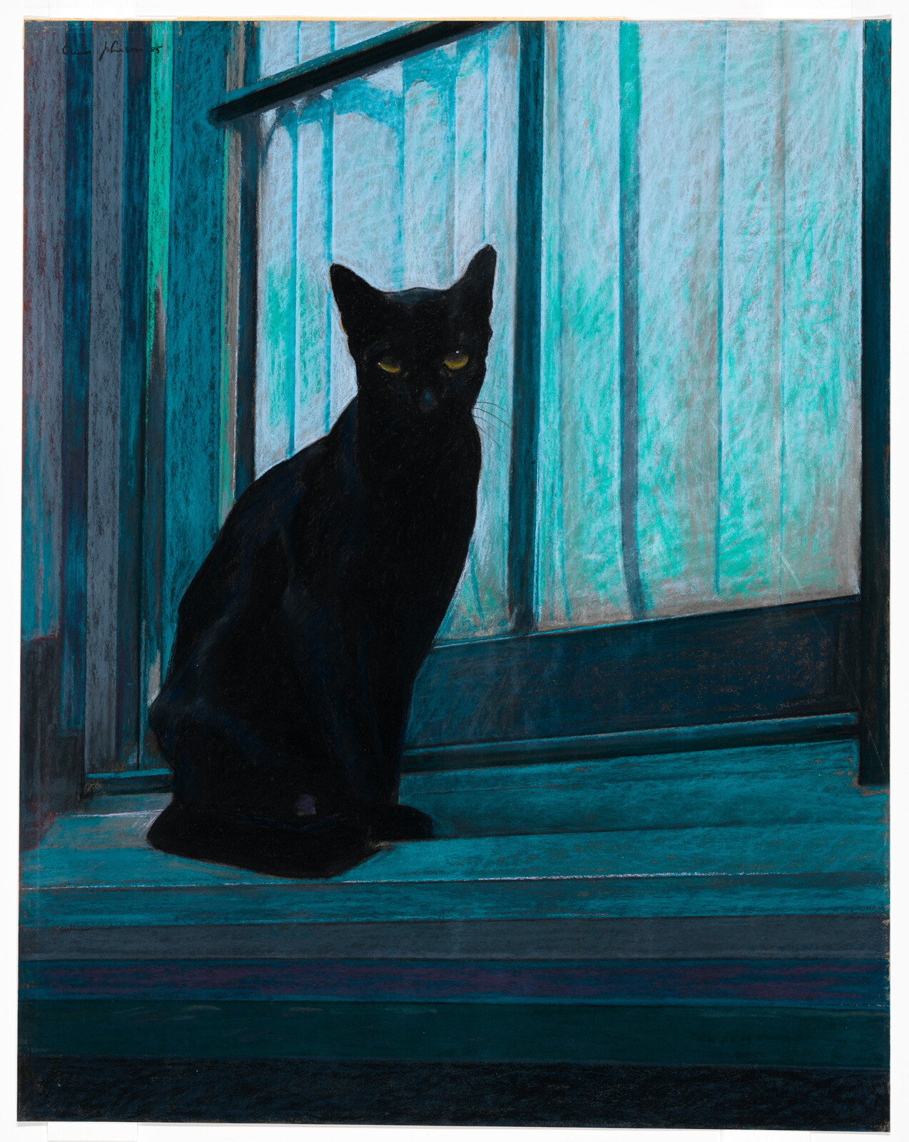 A black cat sits on a turquoise wooden porch, with its eyes gazing forward. The background features vertical wooden panels, some casting shadows, suggesting daylight. The artwork has a textured appearance, indicative of a painting or drawing.