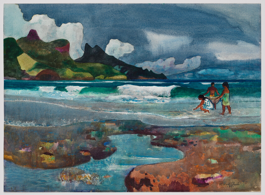 Three children play at the shoreline near waves and tide pools beneath dark clouds and distant mountains.