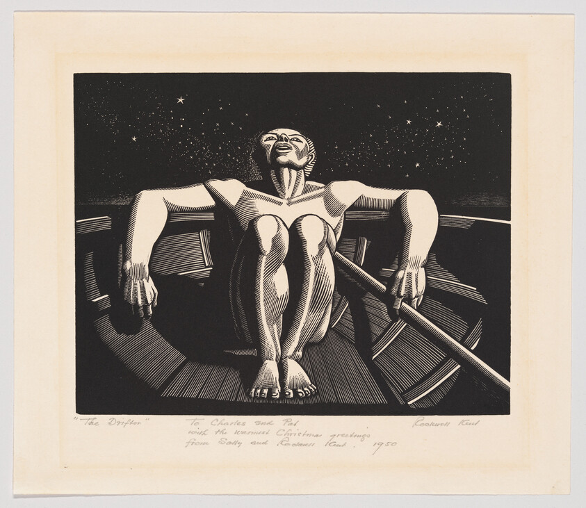 A black and white woodcut print titled "The Drifter" depicting a stylized figure rowing a boat under a starry sky, with handwritten inscriptions at the bottom.