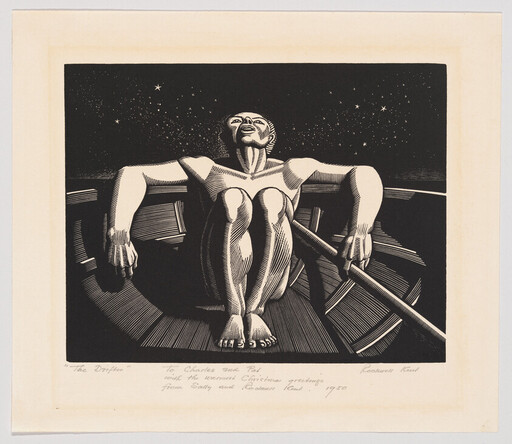 A person sits in a small rowboat leaning back, looking up at a starry night sky.