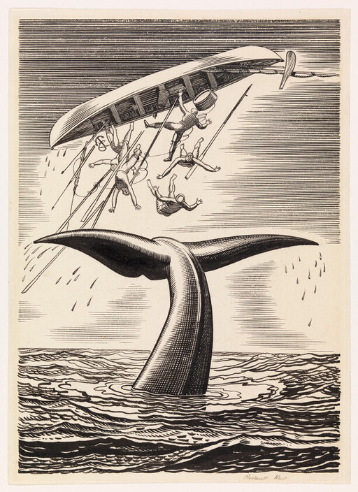 A whale's tail lifts a capsized lifeboat as sailors tumble into the sea.