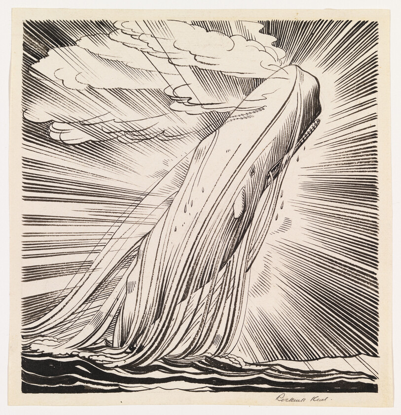 A black and white illustration depicting a large whale with a prominent, curved back fin breaching the ocean surface with dynamic, stylized lines suggesting movement and the texture of the water. The sky above is filled with clouds and lines that convey the motion of the wind, adding to the dramatic effect of the scene. The artist's signature is visible at the bottom right corner.