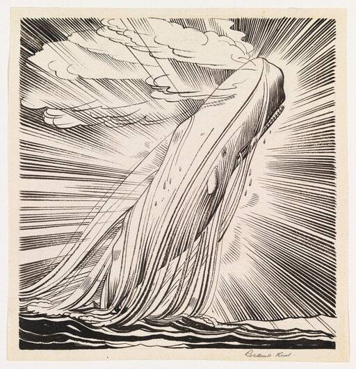 A large whale leaps out of the ocean with rays of light radiating behind it.