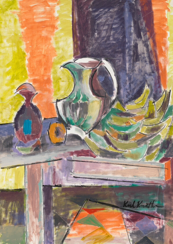 A colorful still life showing a pitcher, bananas, a small vase, and fruit on a table.