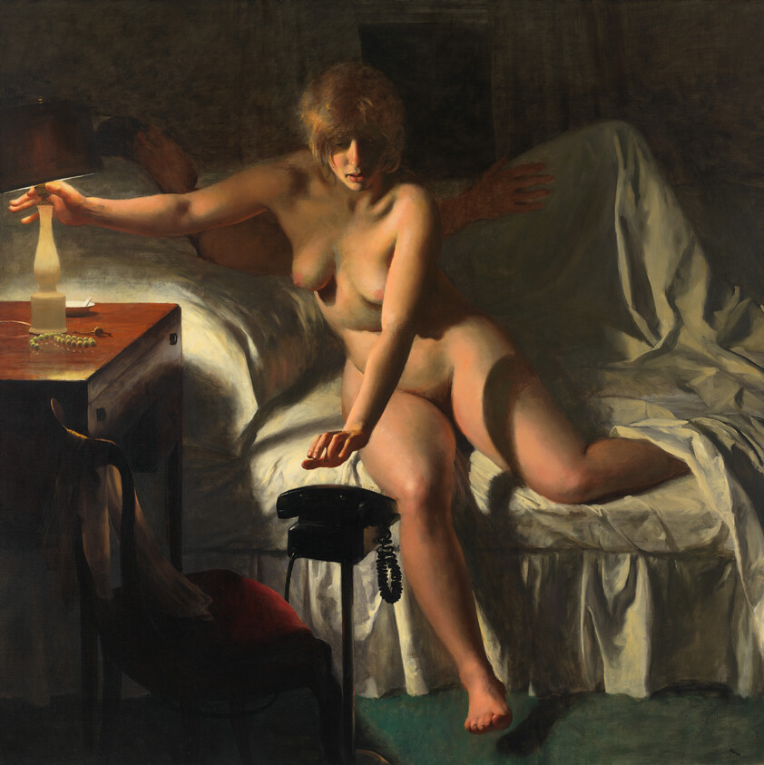 A nude woman on a bed reaches toward a ringing telephone beside a nightstand lamp.