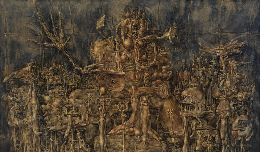 A dense, surreal assemblage of carved faces and mechanical figures intertwined in a dark, textured composition.