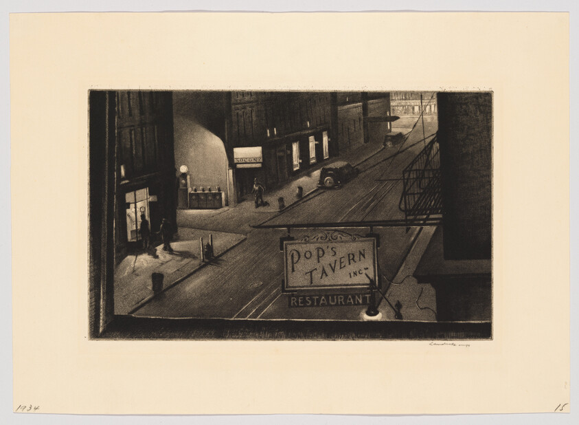 A nighttime city street viewed from above showing a hanging "Pop's Tavern" restaurant sign and pedestrians.