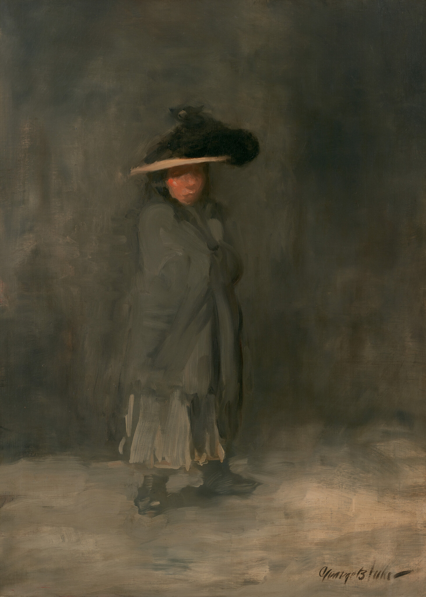 A woman in a dark coat and wide hat stands with a flushed face against a dim background.