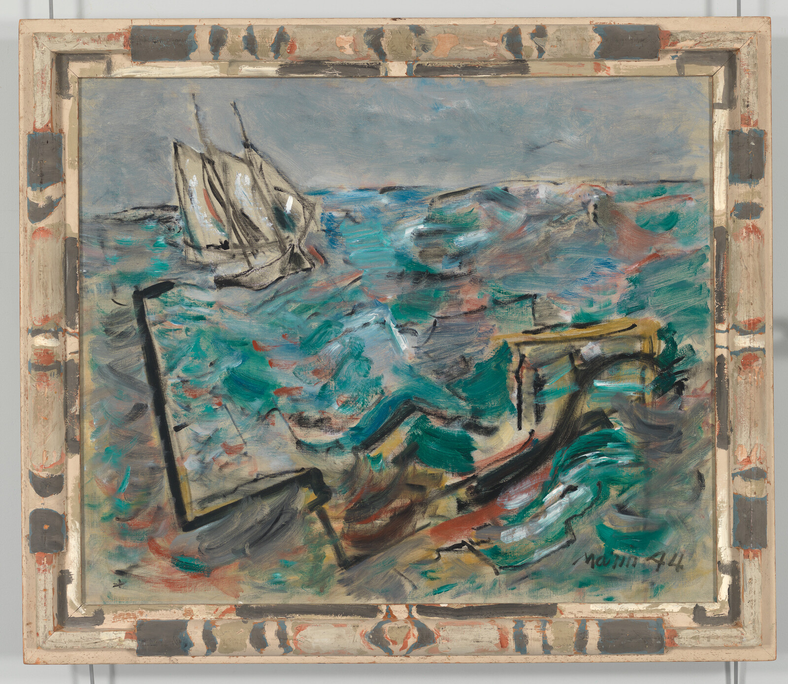 Small two-masted sailboat navigating rough turquoise waves near broken wooden structure.