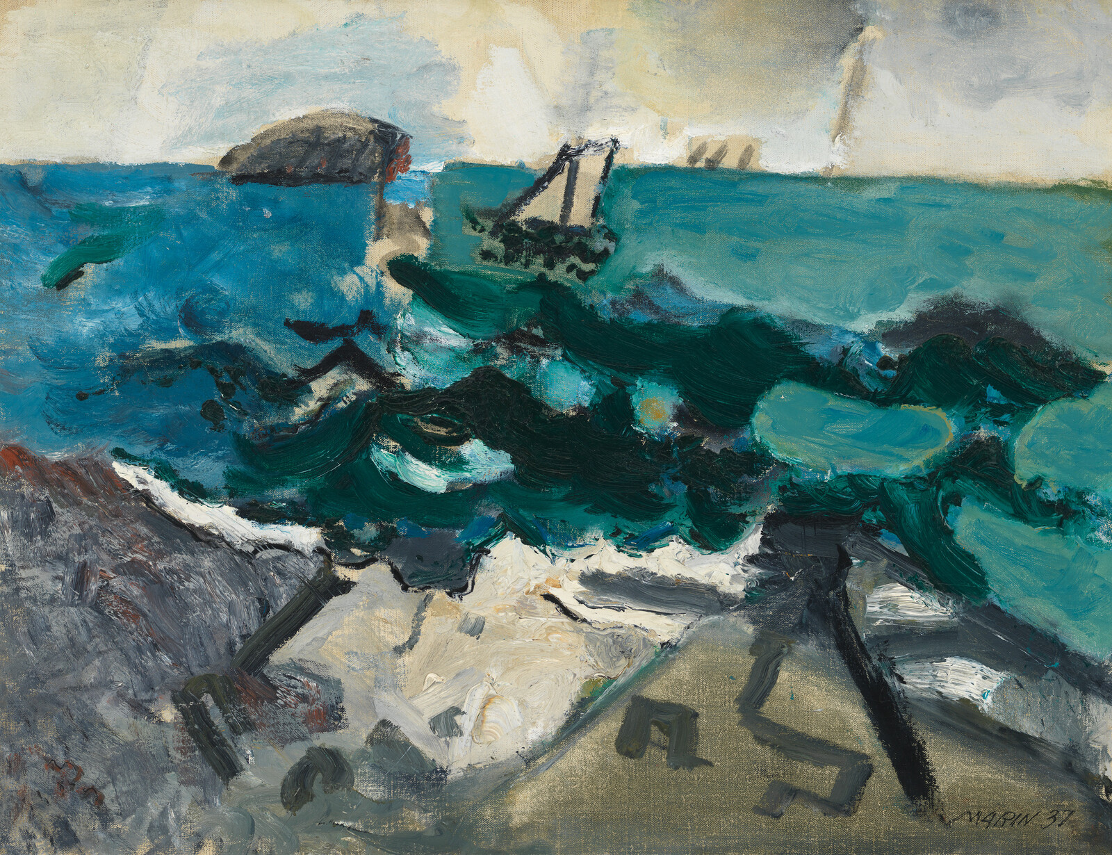 Rough green blue waves crash against a rocky shore with a small sailboat on the distant horizon.